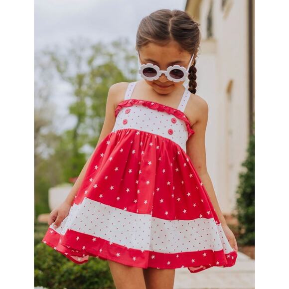 Sweet Honey Girls SZ 6 Halter Twirl PINK Cotton Dress Ruffle Stars Dots - Picture 1 of 8